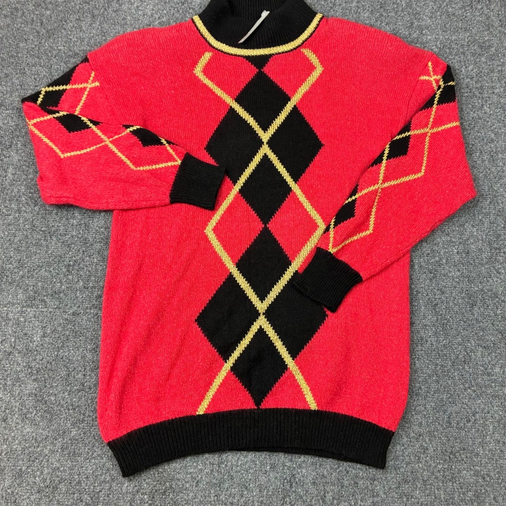 Eddie Dassin Vintage Red Silk Angora Argyle Mock Neck Sweater Womens Size Medium - Picture 2 of 8